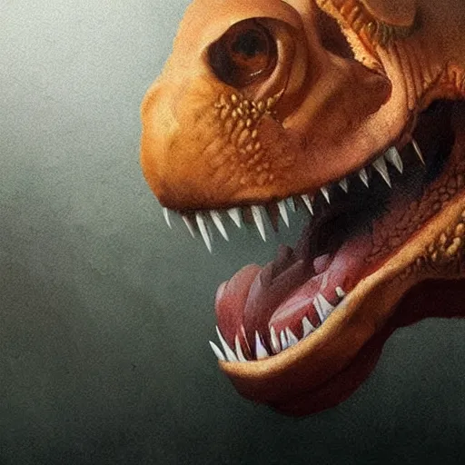 Prompt: portrait of a t-rex eating chicken nuggets,digital art,realistic,detailed,art by greg rutkowski