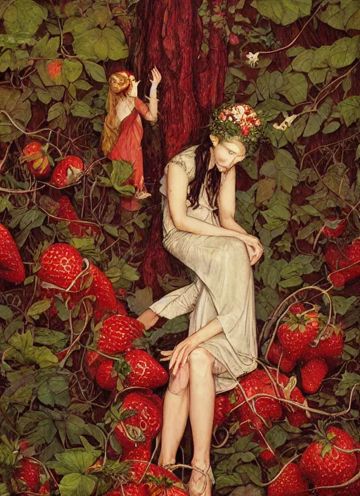 Prompt: lush strawberry forest fairy foliage painting carved in amber by chiara bautista and norman rockwell and greg rutkowski weta studio