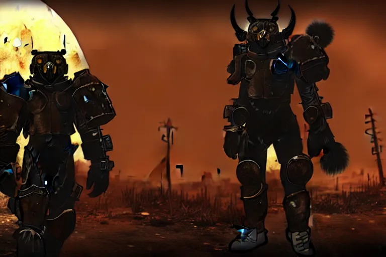 Prompt: a fursona ( from the furry fandom ), heavily armed and armored facing down armageddon in a dark and gritty version from the makers of fallout : war never changes
