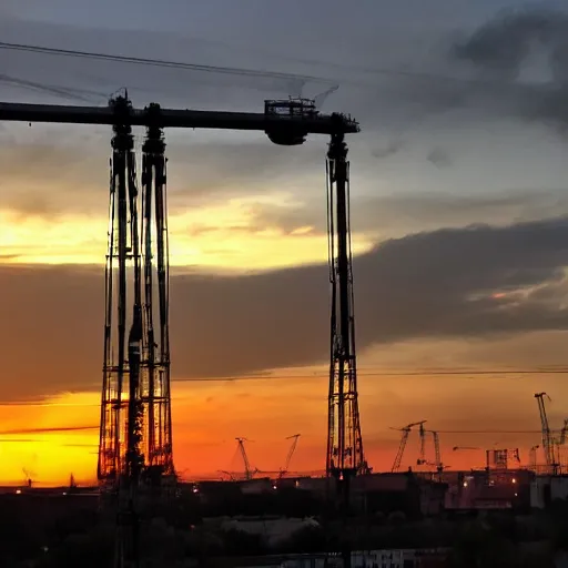 Image similar to The beauty of the sunset was obscured by the industrial cranes.