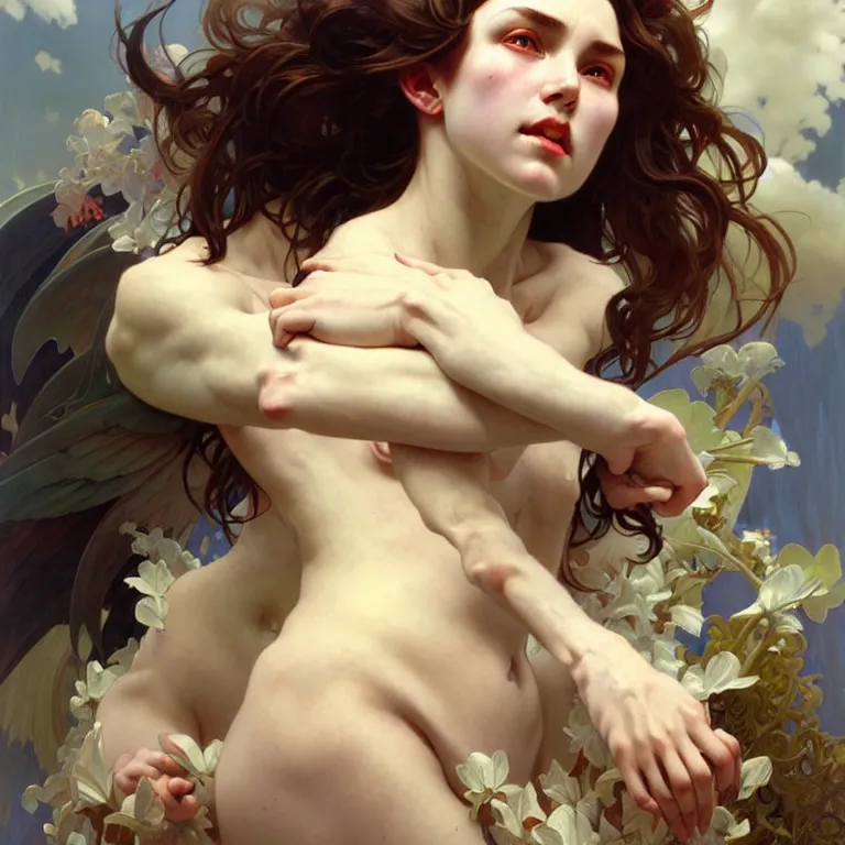 Image similar to gentle demon, painting, good against evil, highly detailed, digital painting, smooth, beautiful angle, weak demon, sharp focus, illusion, ultra - realistic, demon against angle, heaven against hell, 8 k, strong and powerful confident angle artgerm, greg rutkowski and alphonse mucha