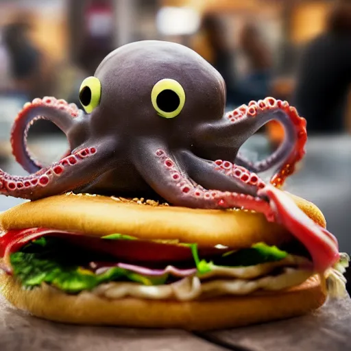 Image similar to octopus made of steel eating fastfood, 5 5 mm