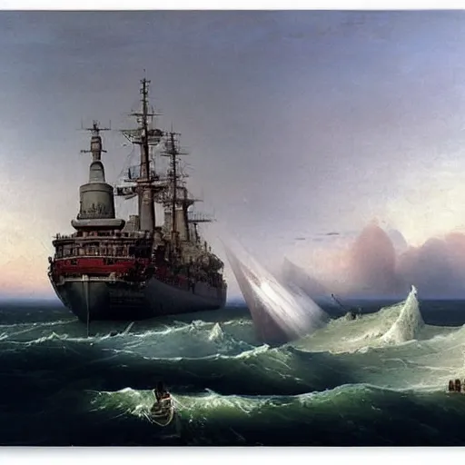 Prompt: epic soviet warship in arctic by shishkin and aivazovsky