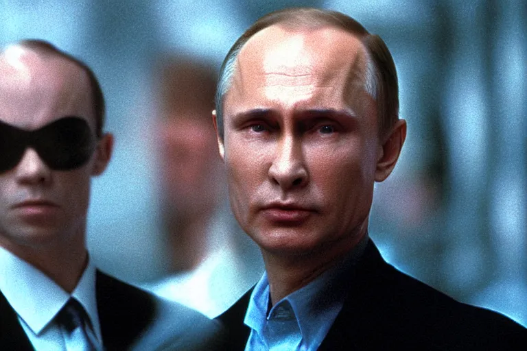 Image similar to film still of Vladimir Putin as agent Smith from the movie The Matrix (1999)