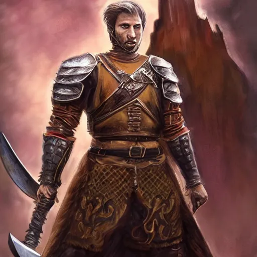 Prompt: full body portrait of a human fighter folk hero with a talking great sword, fantasy, medieval, intricate details, heroic pose, cinematic, hyper realistic, the most normal human ever, tall