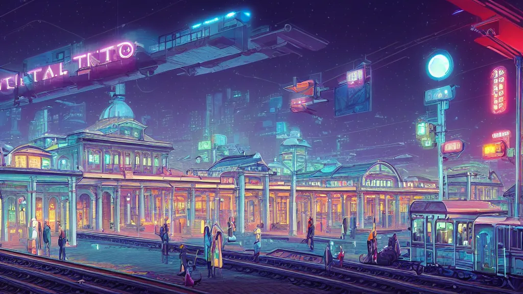 Prompt: the central train station on the outskirts of the city at night by cyril rolando and naomi okubo and dan mumford. advertisements. neon.