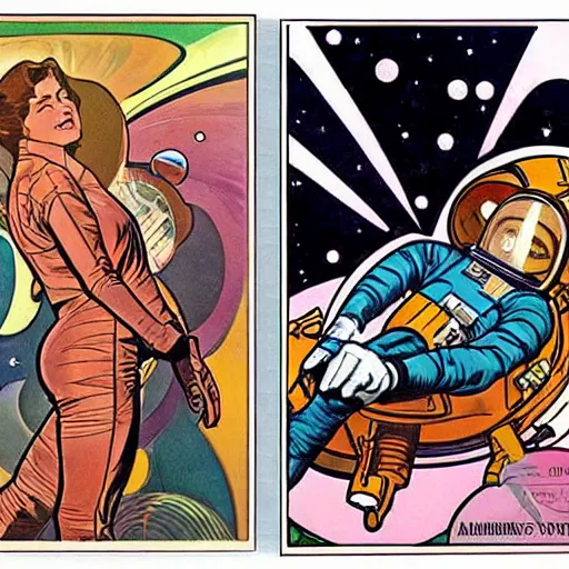 Image similar to a woman with straight brown hair, floating in space. she is an astronaut, wearing a space suit. well composed, clean elegant painting, beautiful detailed face. comic book art by steve ditko and jack kirby and ( alphonse mucha )