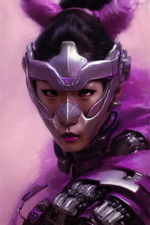 Image similar to extreme close up, facial portrait, half - chinese woman with a long black ponytail in purple sci - fi armor, kitsune mask on head, mechanical armor, cybernetic hands, striking pose, portrait dnd, painting by gaston bussiere, craig mullins, greg rutkowski, yoji shinkawa