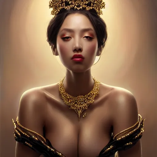 Prompt: expressive oil painting, of alluring european princess, seductive look, smooth glowing skin, glistening body, love, adoration, ornate headpiece made of black beads, glamour shot, curvy, by yoshitaka amano, by greg rutkowski, by jeremyg lipkinng, by artgerm, digital art, octane render, white dress