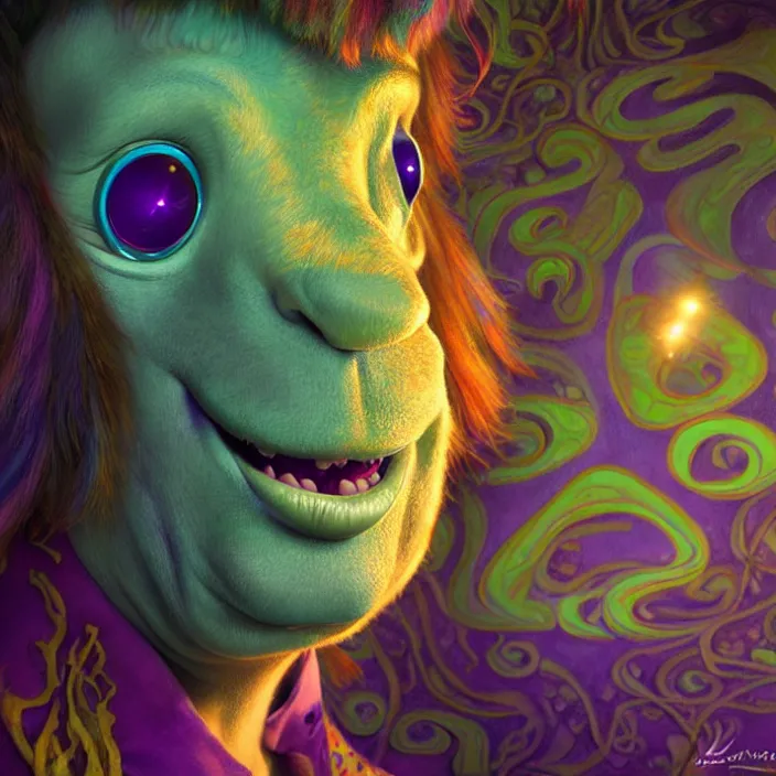 Prompt: psychedelic Sully from Monster’s Inc., Pixar, diffuse lighting, fantasy, intricate, elegant, highly detailed, lifelike, photorealistic, digital painting, artstation, illustration, concept art, smooth, sharp focus, art by John Collier and Albert Aublet and Krenz Cushart and Artem Demura and Alphonse Mucha