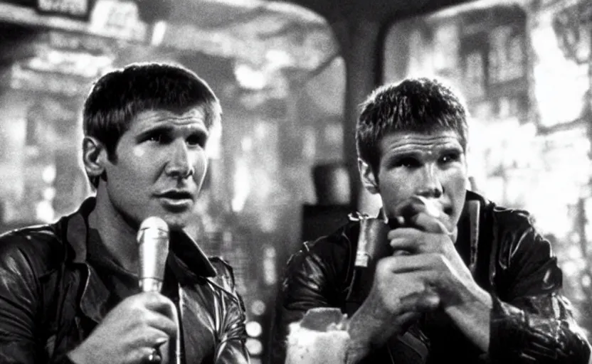 Image similar to young harrison ford as deckard from bladerunner doing standup comedy in a cyberpunk bar behind a mic