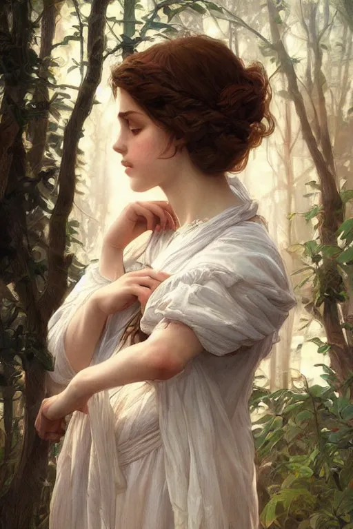 Image similar to beautiful cottagecore young peasant maiden, innocent, intricate, elegant, highly detailed, digital painting, artstation, concept art, smooth, sharp focus, illustration, art by artgerm and greg rutkowski and alphonse mucha