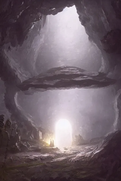 Image similar to an eerie cave, containing a hidden portal, to the multiverse, trending on art station, detailed environment