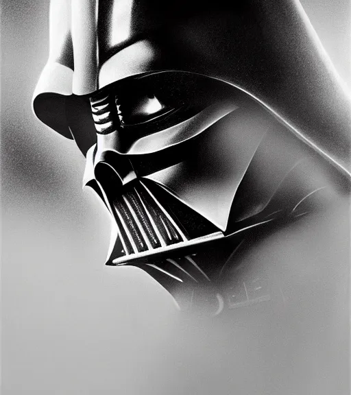 Image similar to a closeup black-and-white portrait of Darth Vader by Craig Mullins; extraordinary-masterpiece; realistic-lighting; 90mm; f/1.4