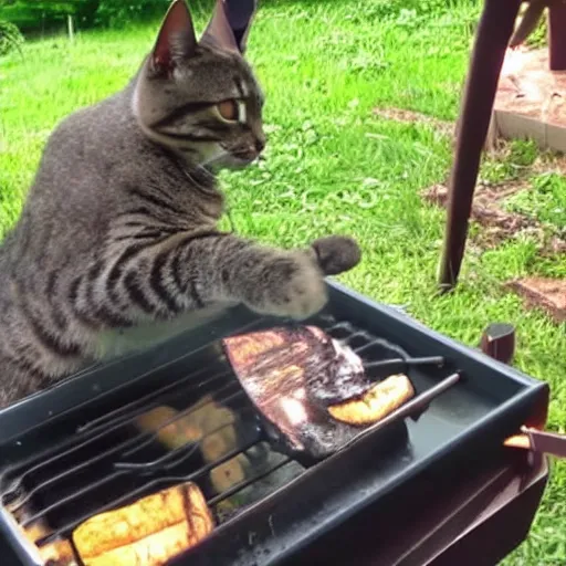 Image similar to trailcam footage of a cat cooking a meal using a bbq. caught on camera