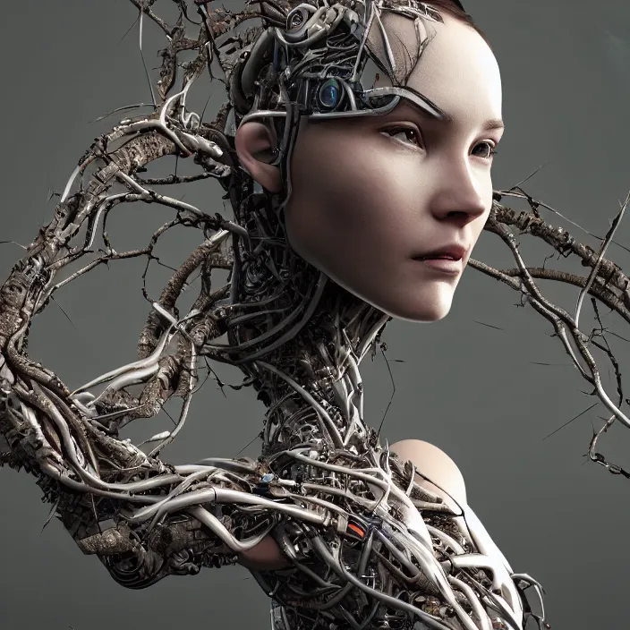 Prompt: a portrait of a beautiful female cyborg, entwined in roots, branches and vines, octane render, highly detailed, hyper - realistic, photo rendered, detailed photorealistic