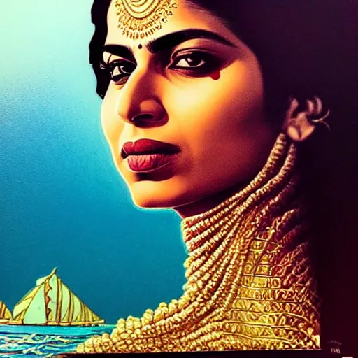 Prompt: portrait of a pakistani woman :: side profile :: blood :: background sea :: intricate details :: gold :: oxygen implant :: 8k :: MARVEL comics and Sandra Chevrier