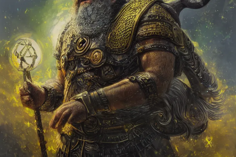 Image similar to mythological high-tech viking odin all father Shaman of artificial intelligence creating an artificial neural network, deep learning creation, with yellow synapses on an anvil, high resolution, award winning art, trending on art station, sharp image, incredibly detailed, detailed character realistic painting