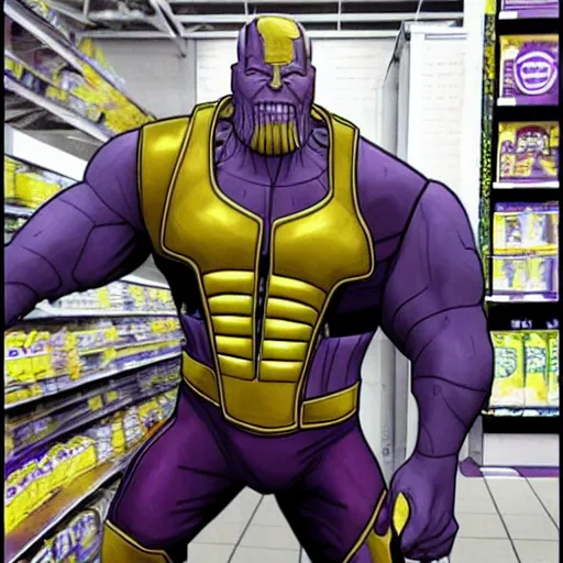 Prompt: thanos stuck in a walmart looking for his mom,