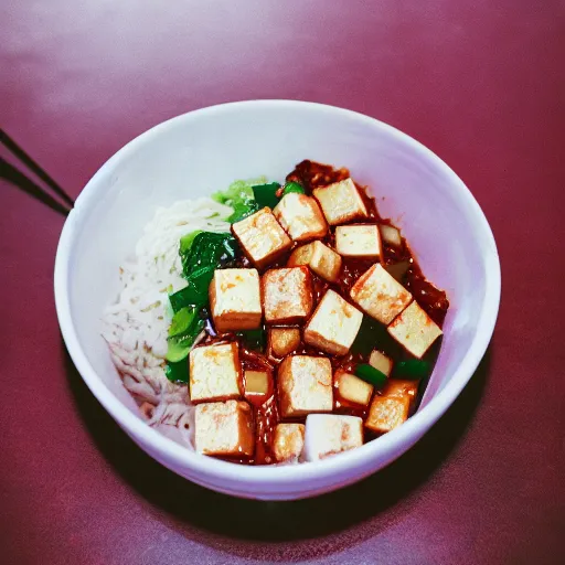 Prompt: album concept art of a mapo tofu with trap hyperpop aesthetics, 35mm analog photography