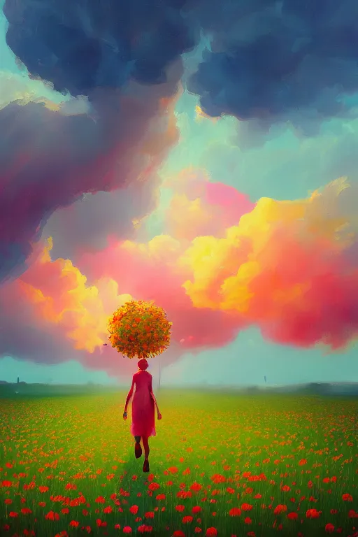 Image similar to giant flower head, girl walking in a flower field, surreal photography, sunrise, dramatic light, impressionist painting, colorful clouds, digital painting, artstation, simon stalenhag