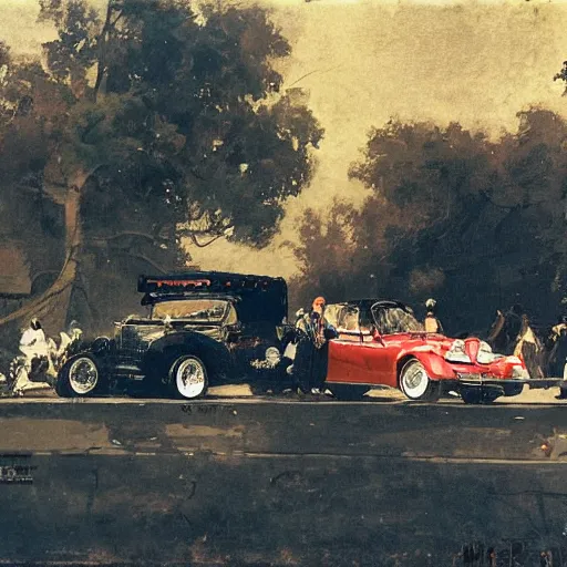 Prompt: a car show, by mead schaeffer and jean - honore fragonard