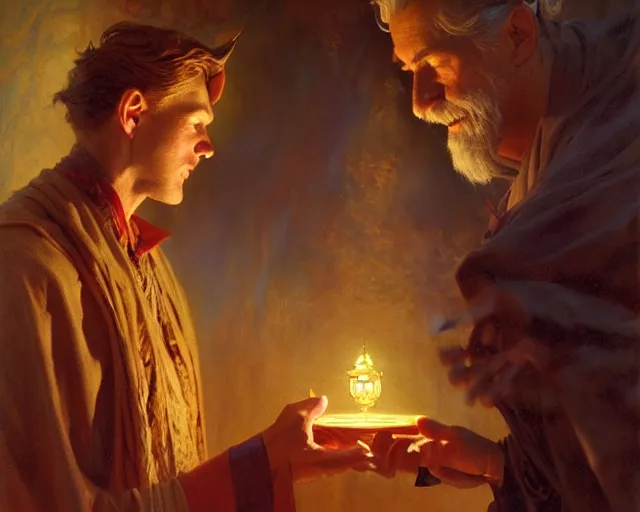 Image similar to attractive wizard man, casting light magic, summoning a handsome deity. highly detailed painting by gaston bussiere, craig mullins, j. c. leyendecker 8 k