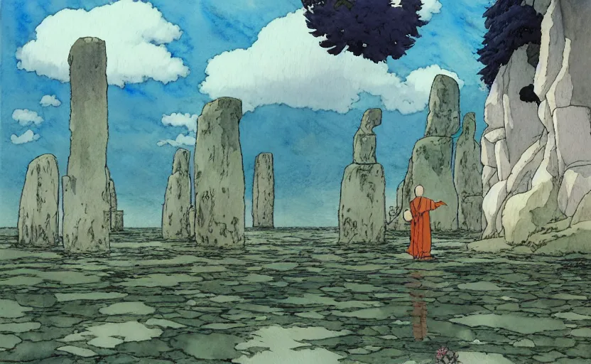 Image similar to a hyperrealist studio ghibli watercolor fantasy concept art. in the foreground is a giant monk in a grey robe lifting a stone. in the background is stonehenge. the scene is underwater on the sea floor. by rebecca guay, michael kaluta, charles vess