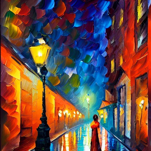 Image similar to impasto acrylic painting of a woman in a serene san francisco streetscape at night. inspired by leonid afremov, artstation, art - deco, cinematic lighting