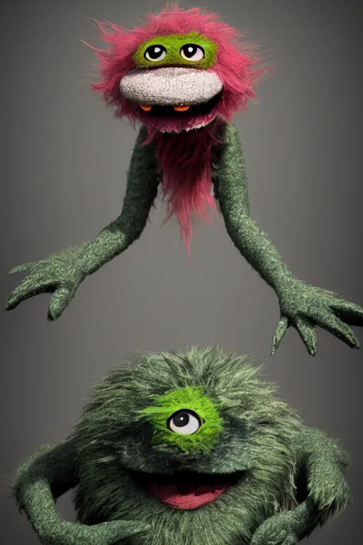 Image similar to 3 d model of a furry evil muppet monster with glowing eyes by jim henson and alexander jansson : 1 | centered, spectral color, electric color, rolling hills : 0. 9 | fantasy : 0. 9 | by dave melvin : 0. 4 | unreal engine, deviantart, artstation, octane, finalrender, concept art, hd, 8 k resolution : 0. 8