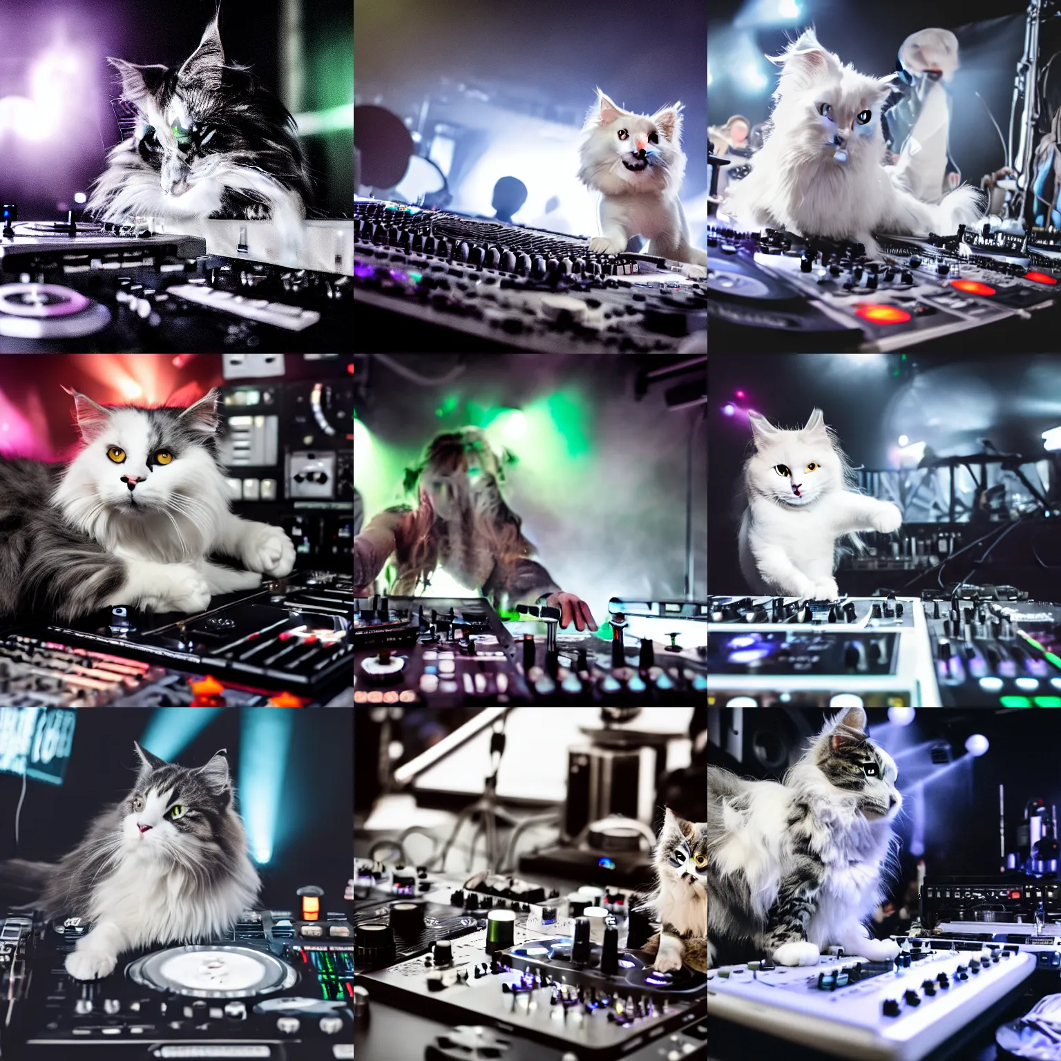 Prompt: a white and gray Norwegian forest cat DJing at a club on CDJs and a pioneer mixer