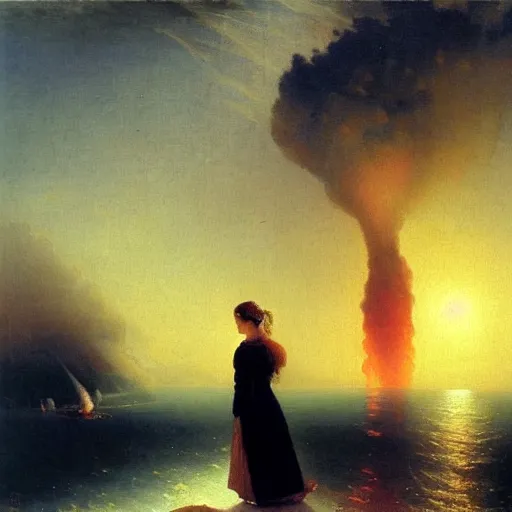 Image similar to beautiful young woman looking at giant nuclear explosion, artwork by Aivazovsky, Ivan