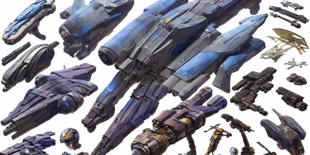 Image similar to collection of futuristic sci - fi props and gadget, moebius, items, hard surface, kitbash, parts, shape and form, in watercolor gouache detailed paintings, star citizen, modular, pieces, golden ratio, weapon, guns, destiny 2, big medium small, insanely details, wes anderson, bungie, star wars, by makoto shinkai, ghibli