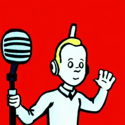 Prompt: tintin with headphones and big microphone on arm, in the style of moebius