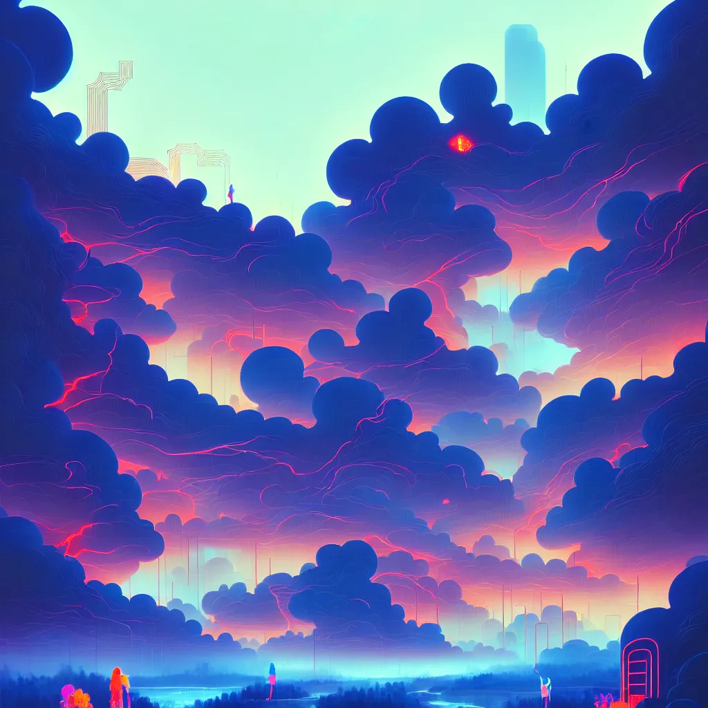 Image similar to illustration of a data-center architecture, connector, firewall, cloud, security, river, trees, thunderstorm, trending on Artstation, painting by Jules Julien, Leslie David and Lisa Frank and Peter Mohrbacher and Alena Aenami and Dave LaChapelle muted colors with minimalism