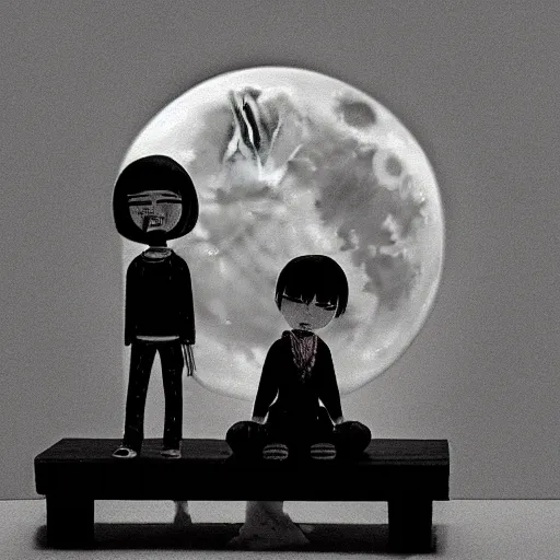 Prompt: full moon, figurines, tilt shift, style of shuzo oshimi, black outline, on white, smooth, thin sharp lines, detailed