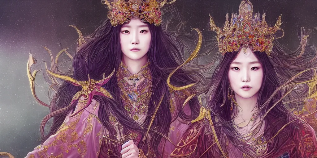 Image similar to an concept art of the korean queen surrounded by magic guards, long hair, makeup, intricate details, detailed face, detailed dress, one face, artstation, epic pose, colourful light, by kentaro miura and vasnetsov