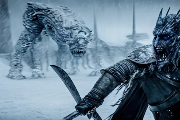 Image similar to very very intricate photorealistic photo of jon snow fighting the night king, photo is in focus with detailed atmospheric lighting, award - winning details