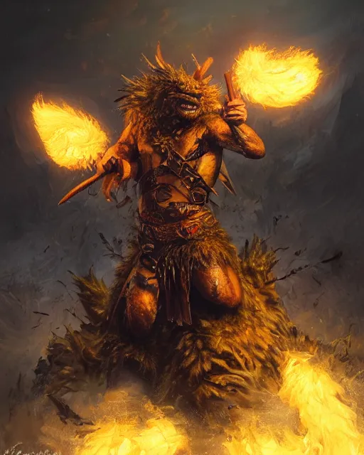 Image similar to oil painting of Angry Anthropomorphized Pickle Berserker, wearing fur armor, claws, sharp focus, attack pose, fantasy style, octane render, volumetric lighting, 8k high definition, by greg rutkowski, highly detailed, trending on art Station, magic the gathering artwork, burning Battlefield background, centered