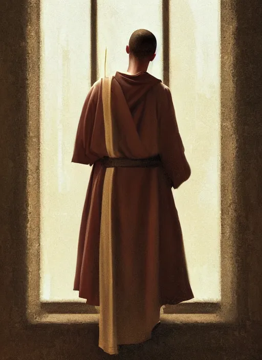 Prompt: oil painting of a medieval dominican monk in robes, looking out of a monastery window contemplatively, digital art, artstation, cinematic, golden hour, digital art painting by greg rutkowski