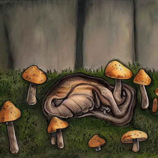 Image similar to mushrooms covering a decaying corpse, in a graveyard, green gas coming from the cracked ground, painting, in the style of bensinski