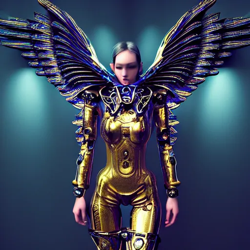 Image similar to female cyber angel, wings, ornate cyberpunk armor, ornate cyberpunk interior, ruins, cyberpunk cathedral, Golden Light, Cathedral, 8K, trending on artstation, volumetric light, lightrays, smoke, cinematic, atmospheric, insanely detailed and intricate, hypermaximalist, elegant, ornate, luxury, elite, by James Jean, super detailed, face details trending on artbreeder, golden ratio