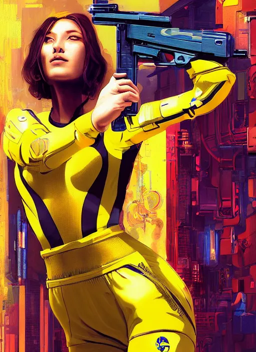 Prompt: beautiful cyberpunk female athlete in yellow jumpsuit. cyber chick firing a futuristic red automatic pistol with huge magazine. ad for pistol. cyberpunk poster by james gurney, azamat khairov, and alphonso mucha. artstationhq. gorgeous face. painting with vivid color, cell shading. ( rb 6 s, cyberpunk 2 0 7 7 )