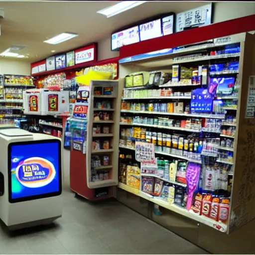 Prompt: fisheye photography irritable convenience store robo - cashier