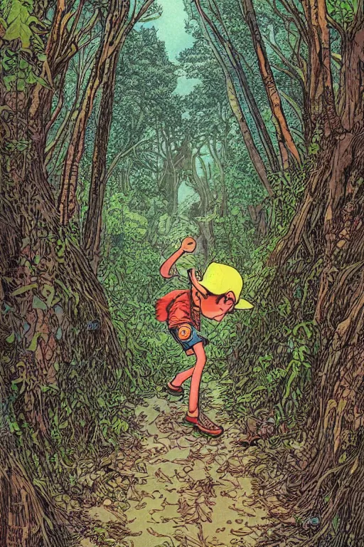 Prompt: young boy entering a huge mysterious and ominious forest, path, mushrooms, very graphic illustration by jean giraud, drawing, yoshitaka amano vibe, clean line, colorful comics style