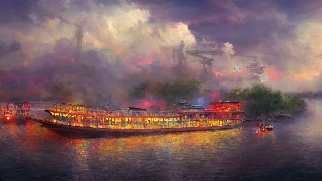 Image similar to a colorful steamboat on the mississippi, by yuumei, bayard wu, wlop, tim white, ross tran, 4 k