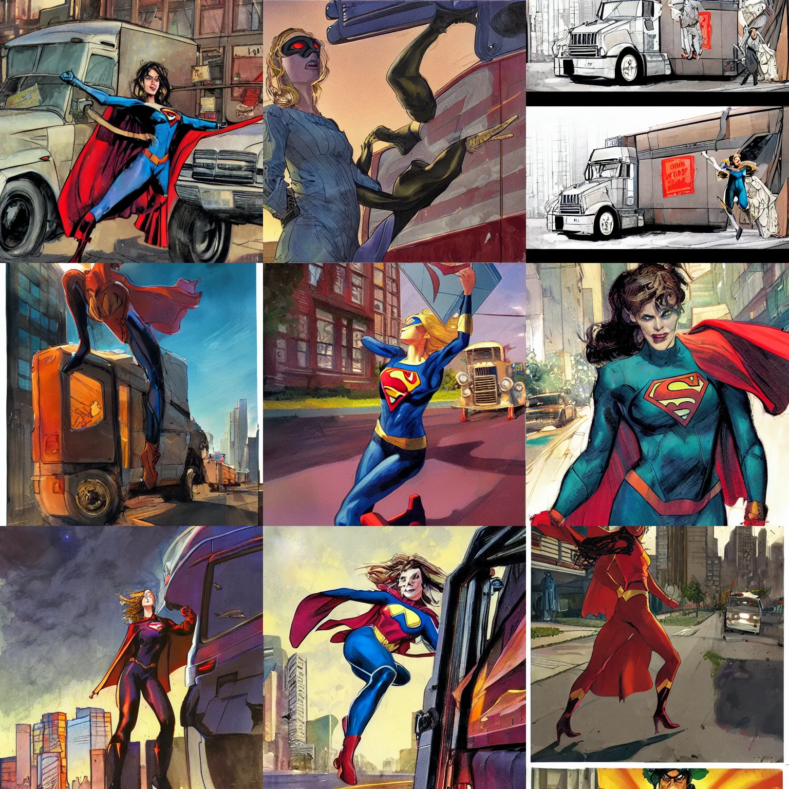 Prompt: a superheroine facing a moving truck holding her arm out, a comic book panel by jon foster, featured on deviantart, ashcan school, marvel comics, official art, reimagined by industrial light and magic