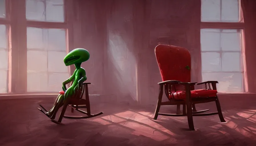 Image similar to green alien sitting on rocking chair, looking red light through the windows, brick house, hyperdetailed, artstation, cgsociety, 8 k