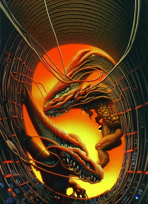 Prompt: realistic detailed image photo of little dragon devouring a big human brain connected with wires and cords to a huge PC computer screen monitor from 90s in a huge server room, in an outer space by Ayami Kojima, Amano, Karol Bak, Greg Hildebrandt, and Mark Brooks, rich deep colors. Beksinski painting, art by Takato Yamamoto. masterpiece.