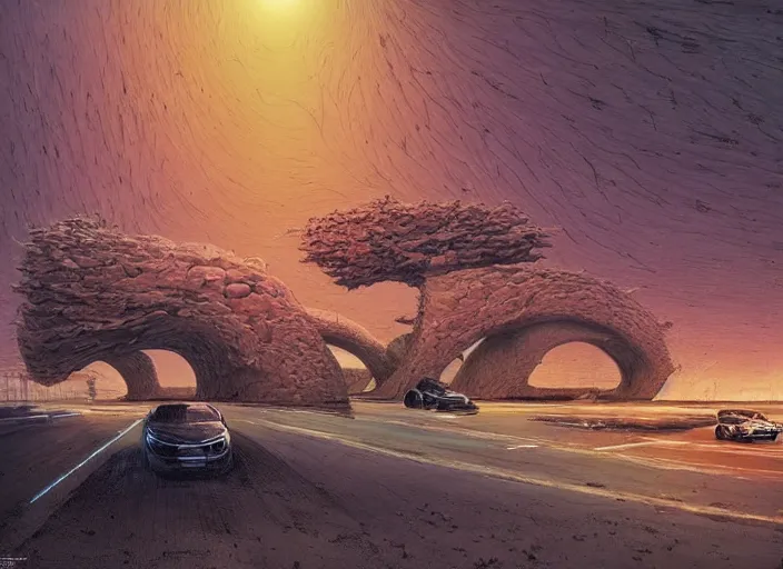 Prompt: organic cars moving fast on a huge road interchange in a desolated landscape, fluid, smooth, bright colours, high contrast, sharpness, beautiful, peaceful, very detailed, intricate, volumetric lighting, by moebius and beksinski and bosch and bacon and giger and corben